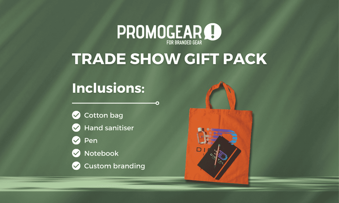 Trade show gift pack promotional banner image with inclusions listed.