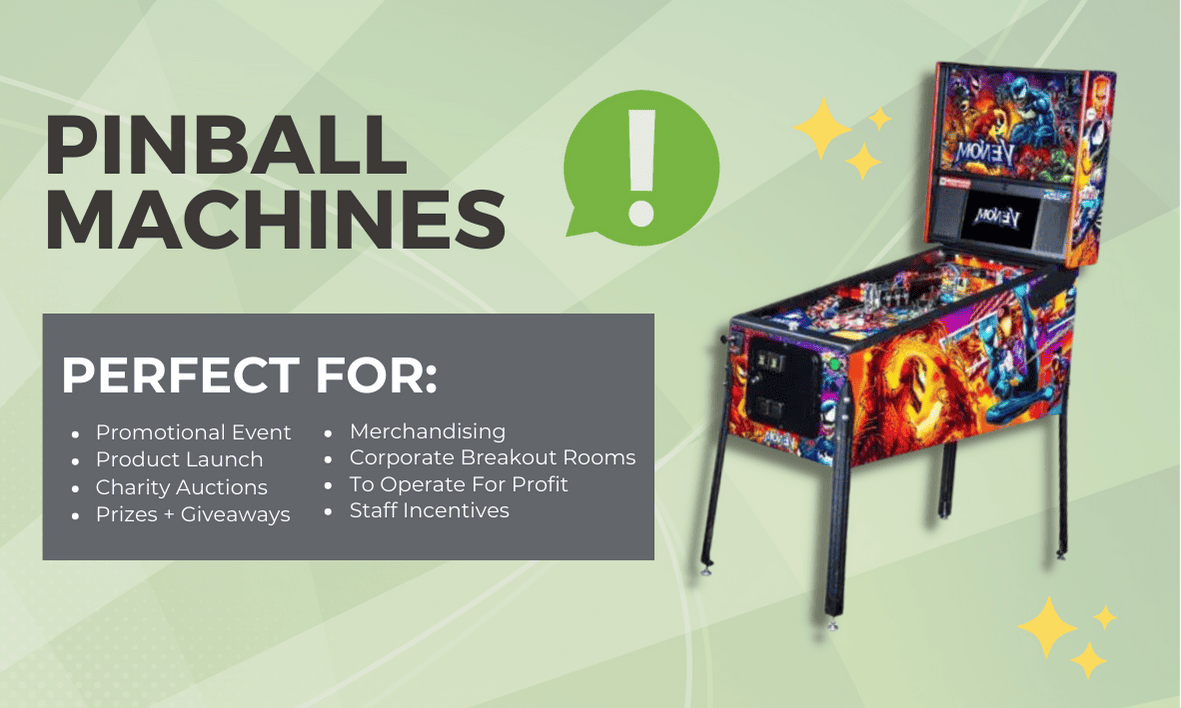 Promotional banner image for pinball machines with text info.